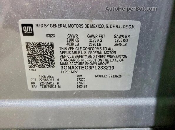 3GNAXTEG3PL233219 2023 CHEVROLET EQUINOX Silver Vista de la etiqueta del VIN