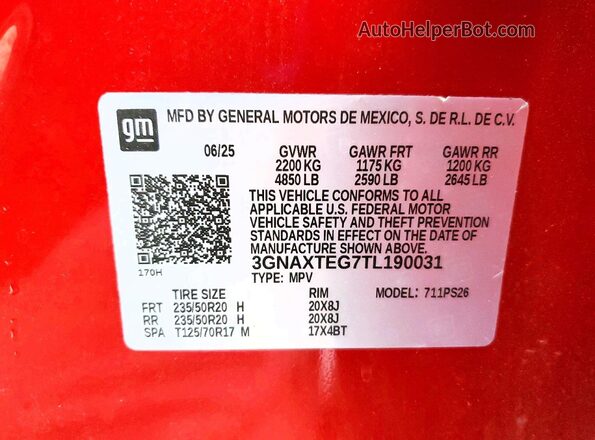 3GNAXTEG7TL190031 2026 CHEVROLET EQUINOX Red Widok naklejki z numerem VIN