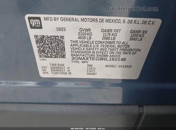 3GNAXTEG9RL192145 2024 CHEVROLET EQUINOX Blue Engine compartment view
