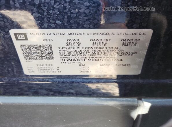 3GNAXTEV0MS103754 2021 CHEVROLET EQUINOX Blue Вид наклейки з VIN-кодом