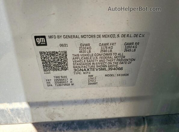 3GNAXTEV5ML394066 2021 CHEVROLET EQUINOX Silver Вид наклейки з VIN-кодом