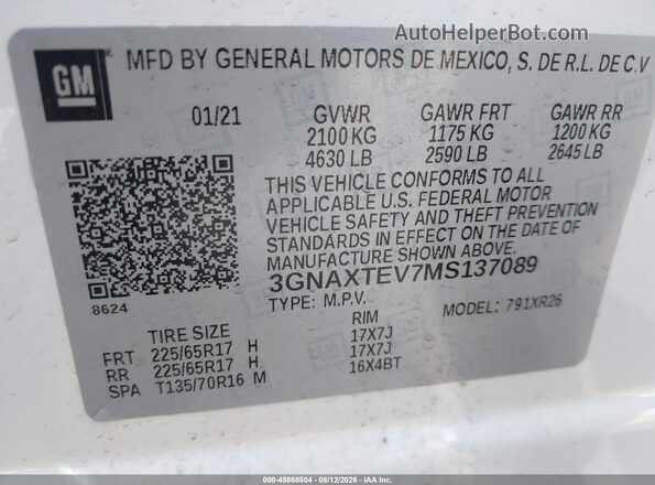 3GNAXTEV7MS137089 2021 CHEVROLET EQUINOX White Vista del compartimento del motor