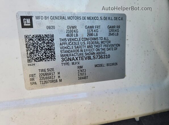 3GNAXTEV8LS736310 2020 CHEVROLET EQUINOX White Вид наклейки з VIN-кодом