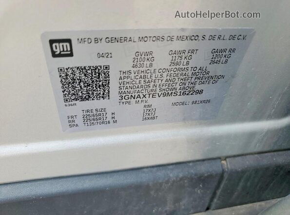 3GNAXTEV9MS162298 2021 CHEVROLET EQUINOX Silver VIN sticker view