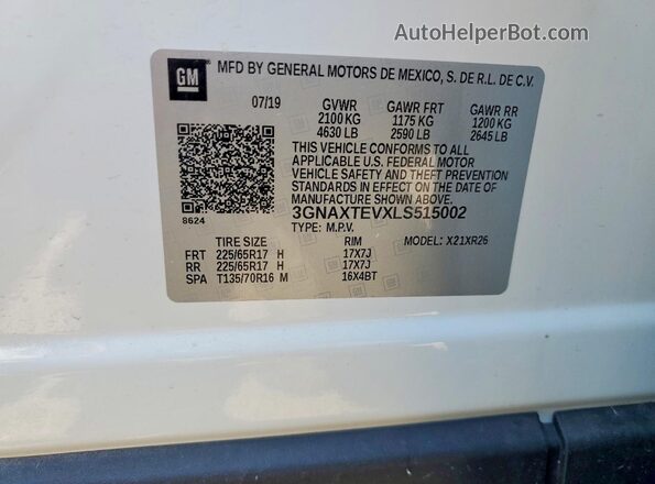 3GNAXTEVXLS515002 2020 CHEVROLET EQUINOX White Vista de la etiqueta del VIN