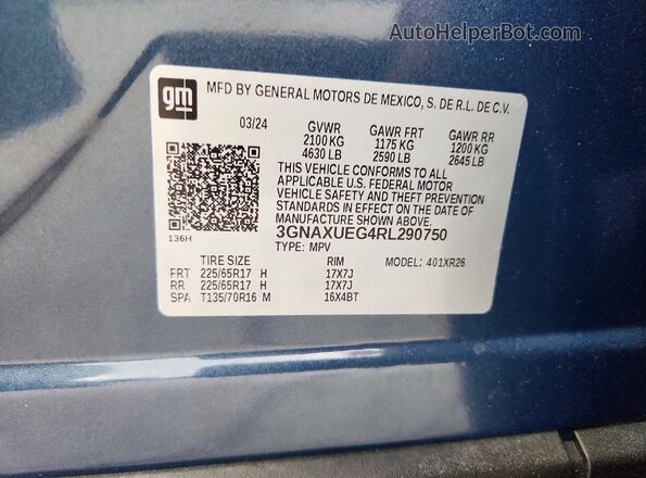3GNAXUEG4RL290750 2024 CHEVROLET EQUINOX Синий Вид наклейки с VIN-кодом