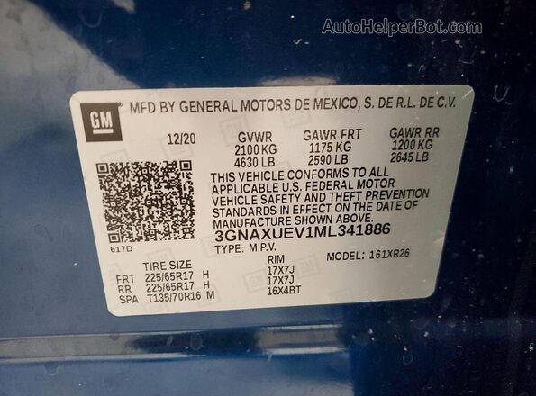 3GNAXUEV1ML341886 2021 CHEVROLET EQUINOX Blue Вид наклейки з VIN-кодом
