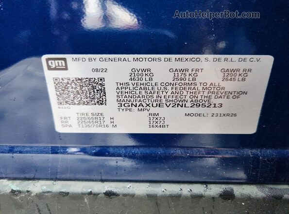 3GNAXUEV2NL295213 2022 CHEVROLET EQUINOX Blue Вид наклейки з VIN-кодом
