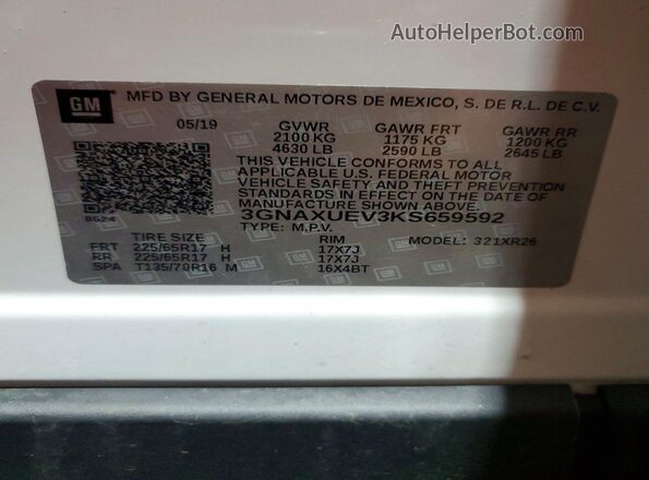3GNAXUEV3KS659592 2019 CHEVROLET EQUINOX White სალონის 360-გრადუსიანი ხედი