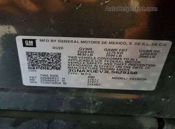 3GNAXUEV3LS629168 2020 CHEVROLET EQUINOX Gray Widok naklejki z numerem VIN