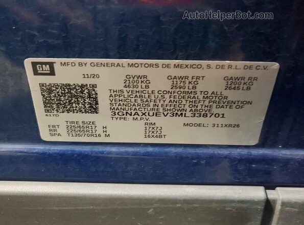 3GNAXUEV3ML338701 2021 CHEVROLET EQUINOX Blue Vista de la etiqueta del VIN