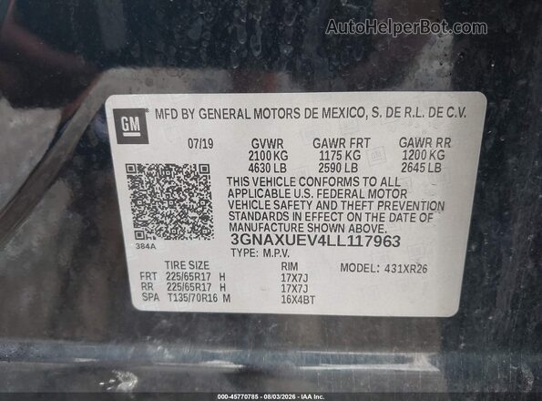 3GNAXUEV4LL117963 2020 CHEVROLET EQUINOX Черный Вид подкапотного пространства