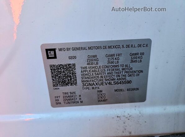 3GNAXUEV4LS645590 2020 CHEVROLET EQUINOX White Widok naklejki z numerem VIN