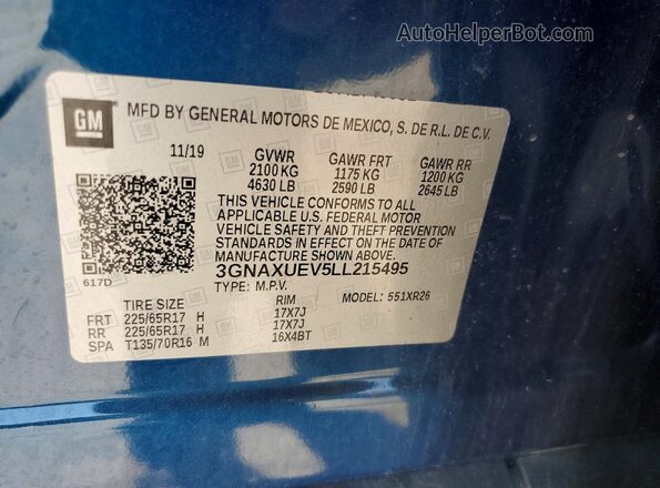3GNAXUEV5LL215495 2020 CHEVROLET EQUINOX Blue Widok naklejki z numerem VIN