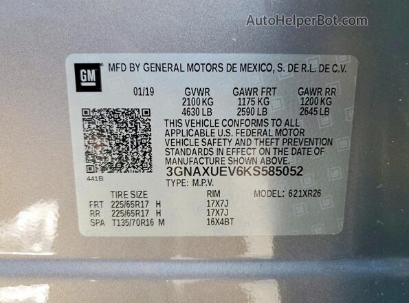 3GNAXUEV6KS585052 2019 CHEVROLET EQUINOX Gray 360 interior view