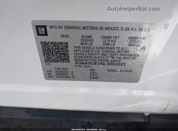 3GNAXUEV6LS651021 2020 CHEVROLET EQUINOX White ძრავის განყოფილების ხედი