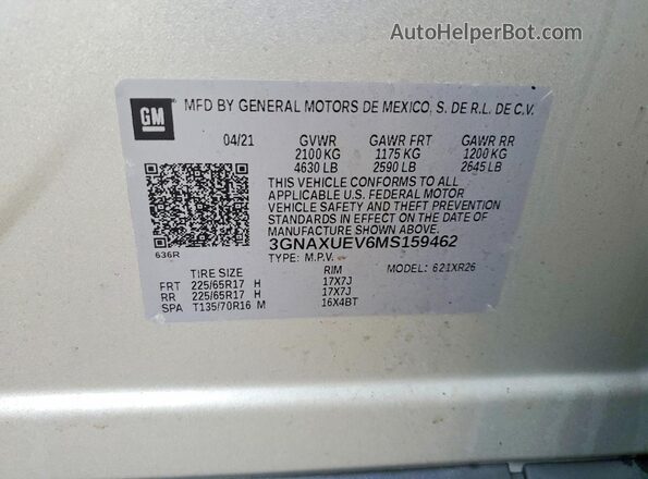 3GNAXUEV6MS159462 2021 CHEVROLET EQUINOX Серебряный Вид наклейки с VIN-кодом