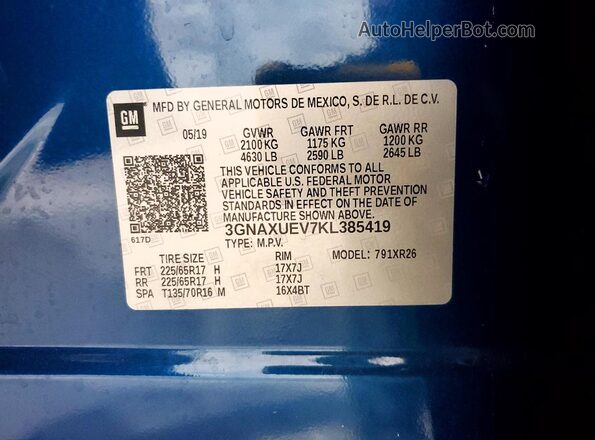 3GNAXUEV7KL385419 2019 CHEVROLET EQUINOX Blue VIN կոդի պիտակի տեսք