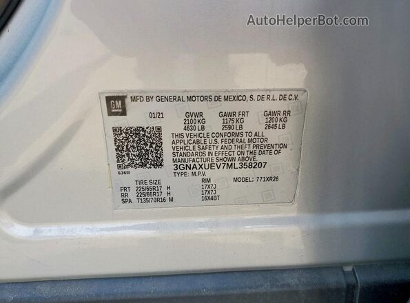 3GNAXUEV7ML358207 2021 CHEVROLET EQUINOX Белый Вид наклейки с VIN-кодом
