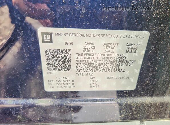 3GNAXUEV7MS105524 2021 CHEVROLET EQUINOX Blue სალონის 360-გრადუსიანი ხედი