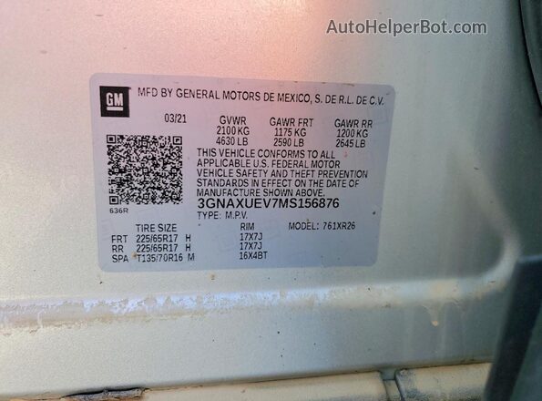 3GNAXUEV7MS156876 2021 CHEVROLET EQUINOX Silver VIN sticker view