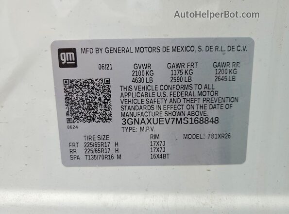 3GNAXUEV7MS168848 2021 CHEVROLET EQUINOX Белый Вид наклейки с VIN-кодом