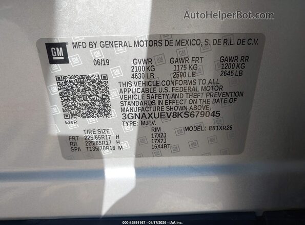 3GNAXUEV8KS679045 2019 CHEVROLET EQUINOX Silver Вид підкапотного простору