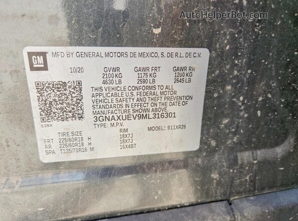 3GNAXUEV9ML316301 2021 CHEVROLET EQUINOX Gray Vista de la etiqueta del VIN