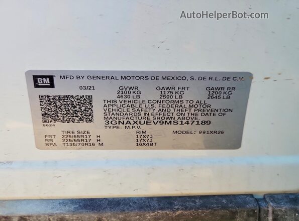 3GNAXUEV9MS147189 2021 CHEVROLET EQUINOX White VIN კოდის სტიკერის ხედი
