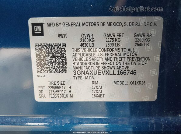 3GNAXUEVXLL166746 2020 CHEVROLET EQUINOX Синий Вид подкапотного пространства