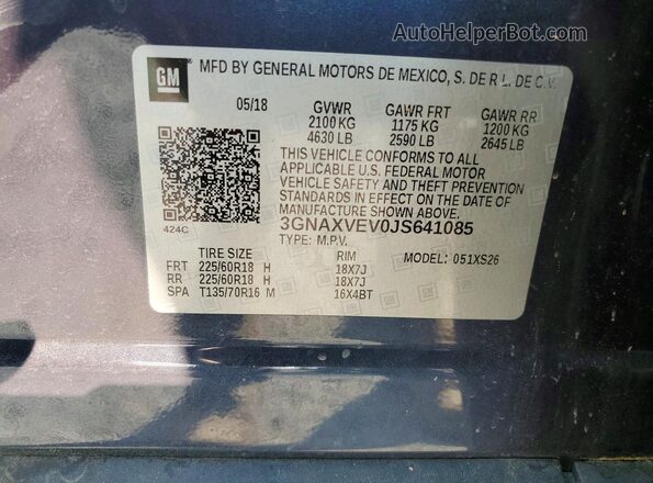 3GNAXVEV0JS641085 2018 CHEVROLET EQUINOX Blue Vista del compartimento del motor