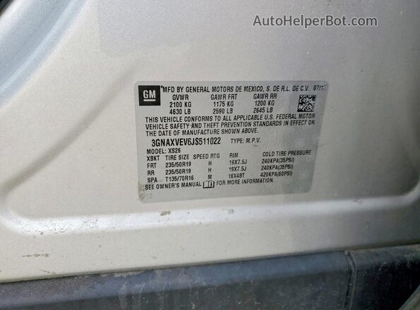 3GNAXVEV6JS511022 2018 CHEVROLET EQUINOX Silver Вид наклейки з VIN-кодом