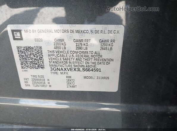 3GNAXVEX3LS664591 2020 CHEVROLET EQUINOX Gray Вид підкапотного простору