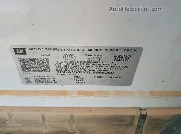 3GNAXVEX7LS595260 2020 CHEVROLET EQUINOX White Widok naklejki z numerem VIN