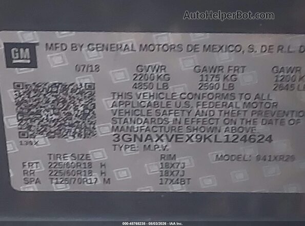 3GNAXVEX9KL124624 2019 CHEVROLET EQUINOX Gray Вид підкапотного простору