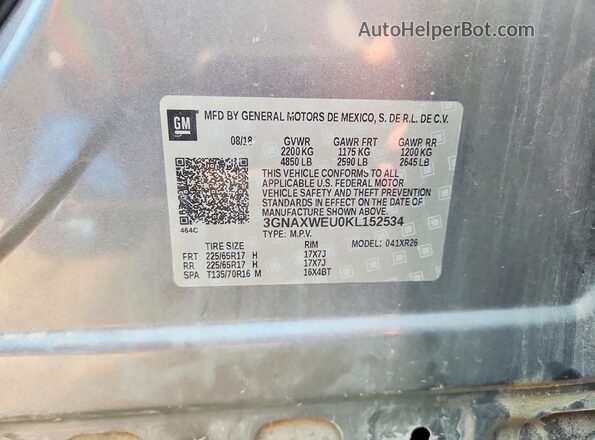 3GNAXWEU0KL152534 2019 CHEVROLET EQUINOX Gray Widok wnętrza 360 stopni