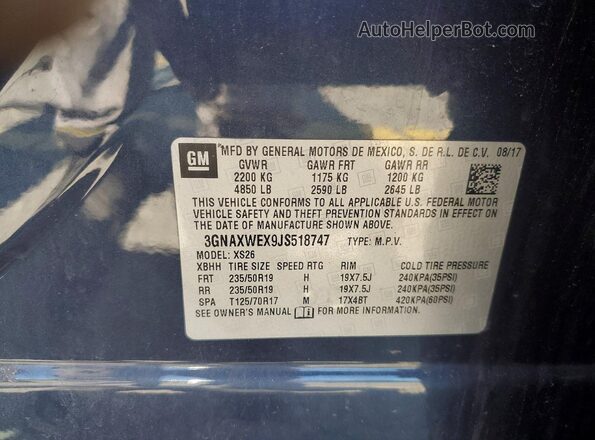 3GNAXWEX9JS518747 2018 CHEVROLET EQUINOX Blue Vista de la etiqueta del VIN