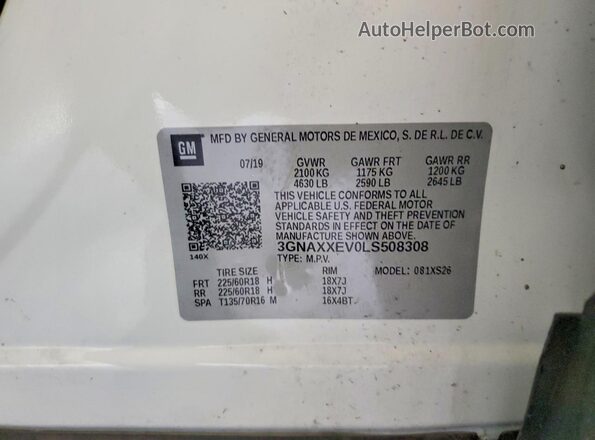 3GNAXXEV0LS508308 2020 CHEVROLET EQUINOX Белый Вид наклейки с VIN-кодом