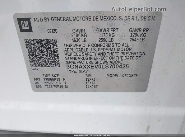 3GNAXXEV0LS700425 2020 CHEVROLET EQUINOX White Vista del compartimento del motor