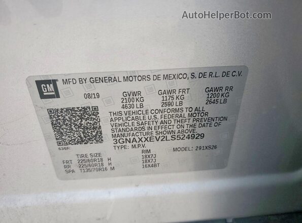 3GNAXXEV2LS524929 2020 CHEVROLET EQUINOX Silver VIN კოდის სტიკერის ხედი