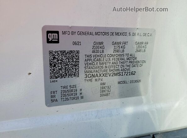 3GNAXXEV2MS172162 2021 CHEVROLET EQUINOX White Widok naklejki z numerem VIN