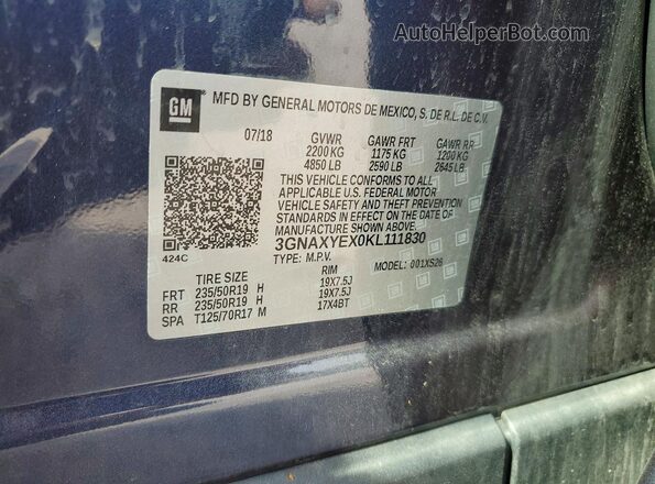 3GNAXYEX0KL111830 2019 CHEVROLET EQUINOX Blue Widok naklejki z numerem VIN