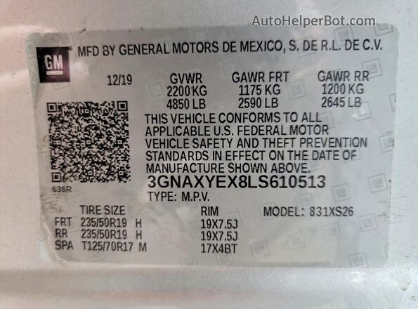 3GNAXYEX8LS610513 2020 CHEVROLET EQUINOX Silver Engine compartment view