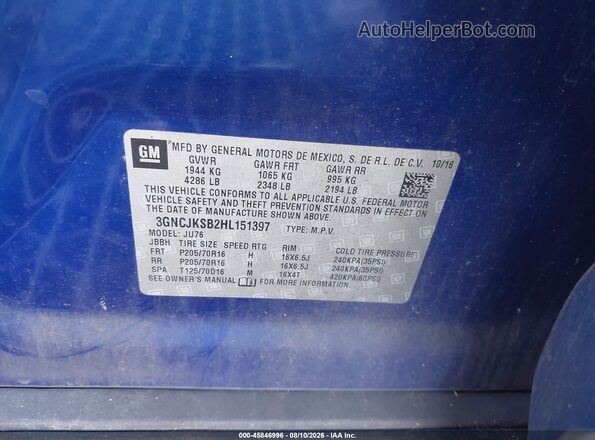 3GNCJKSB2HL151397 2017 CHEVROLET TRAX Blue Widok komory silnika