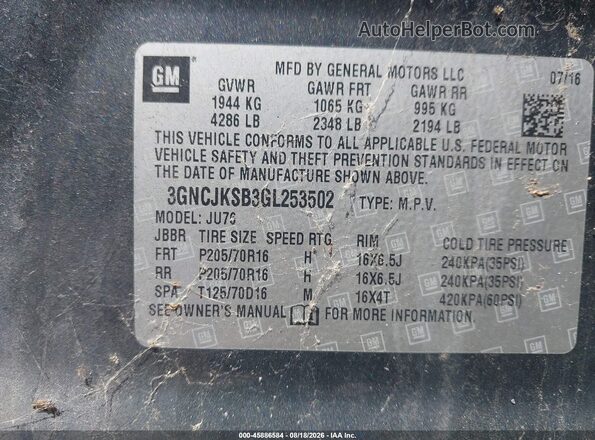 3GNCJKSB3GL253502 2016 CHEVROLET TRAX Gray Вид підкапотного простору
