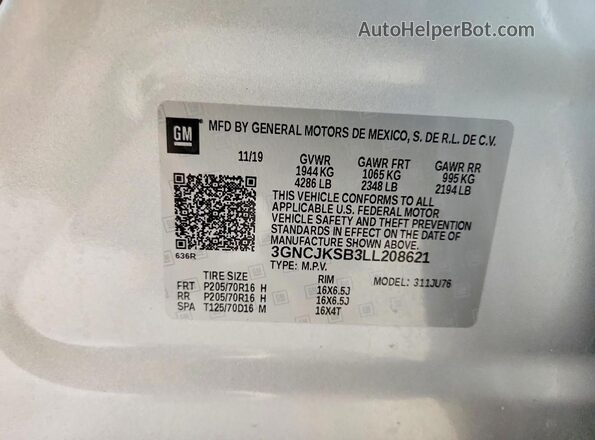 3GNCJKSB3LL208621 2020 CHEVROLET TRAX Silver VIN sticker view