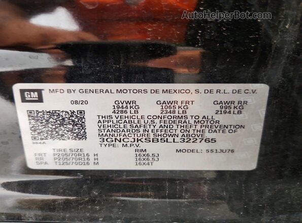 3GNCJKSB5LL322765 2020 CHEVROLET TRAX Черный Вид наклейки с VIN-кодом