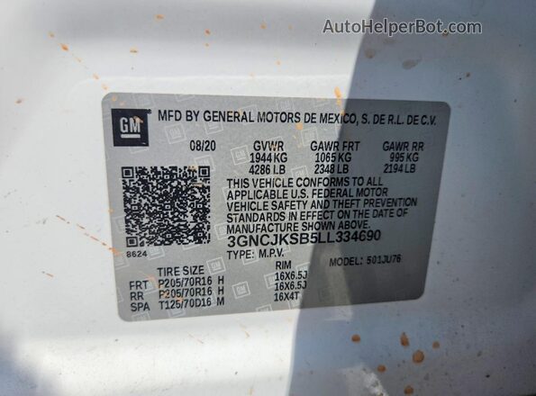 3GNCJKSB5LL334690 2020 CHEVROLET TRAX Белый Вид наклейки с VIN-кодом