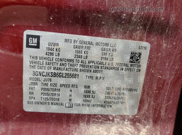 3GNCJKSB6GL255681 2016 CHEVROLET TRAX Maroon VIN sticker view