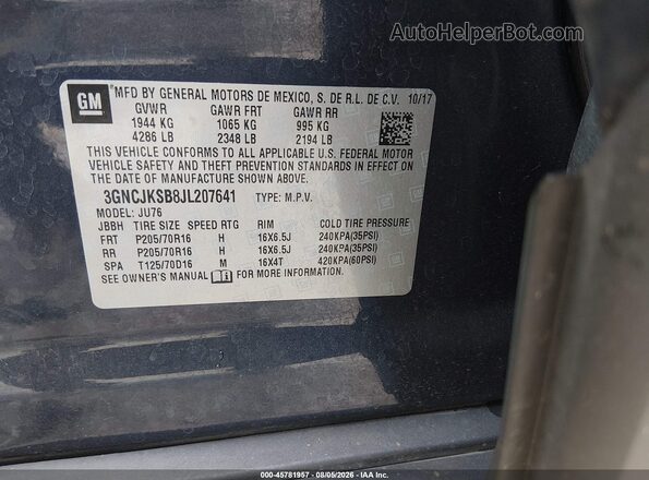3GNCJKSB8JL207641 2018 CHEVROLET TRAX Navy Widok komory silnika